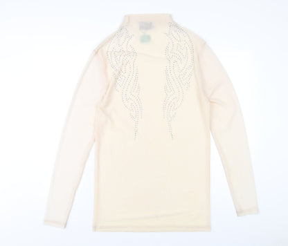 Additional front view of ASOS women’s beige polyester bodycon, size M, mock neck pullover