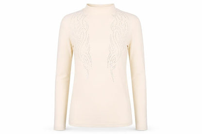 Front view of ASOS women’s beige polyester bodycon, size M, mock neck pullover