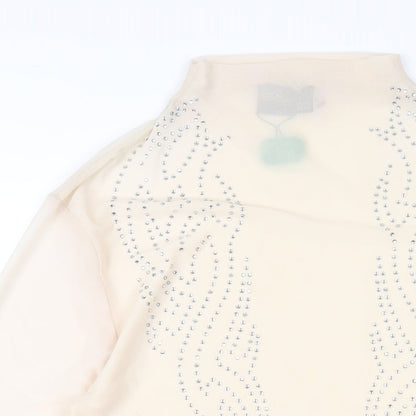 Close-up detail of ASOS women’s beige polyester bodycon, size M, mock neck pullover