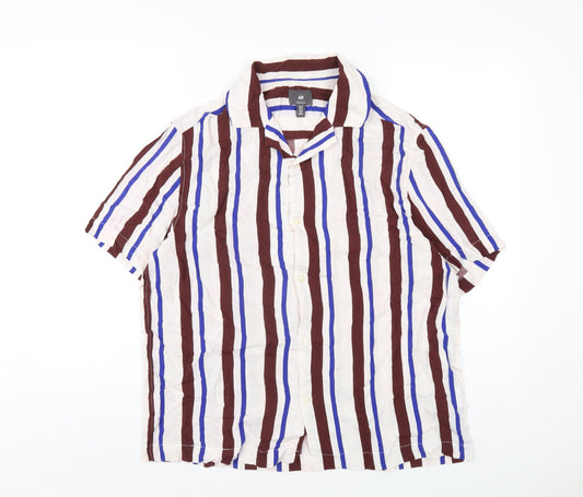 H&M Mens Multicoloured Striped Viscose Button-Up Size M Collared Button