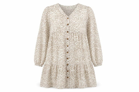 Front view of In The Style Women's Beige Animal Print Shift Dress