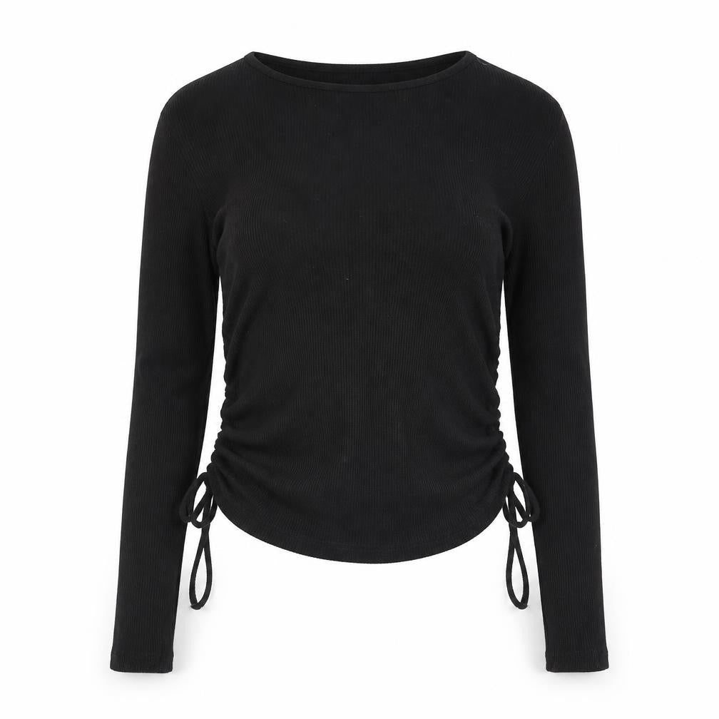 Divided by H&M Womens Black Cotton Basic Blouse Size M Round Neck - Drawstring Detail