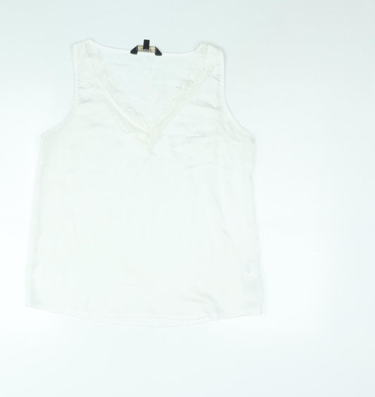 Lipsy Womens White Polyester Basic Blouse Size 14 V-Neck - Lace Trim