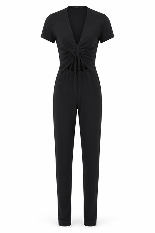 PRETTYLITTLETHING Womens Black Polyester Jumpsuit One-Piece Size 8 L32 in Pullover - Cut Out Drawstring Detail