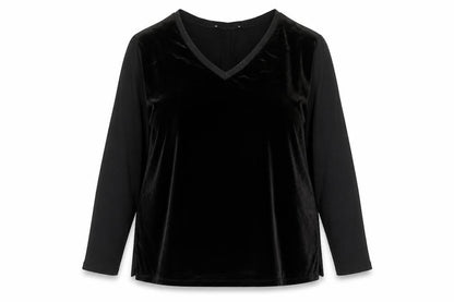 Front view of Oui women’s black viscose basic blouse, size UK 16, v-neck - velour