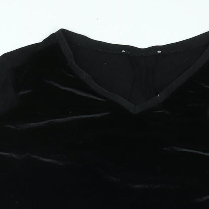 Close-up detail of Oui women’s black viscose basic blouse, size UK 16, v-neck - velour