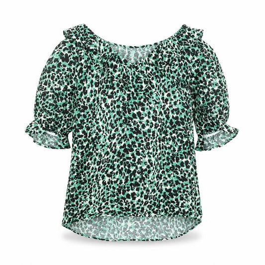 Marks and Spencer Womens Green Animal Print Viscose Basic Blouse Size 10 V-Neck - Frill Leopard Print