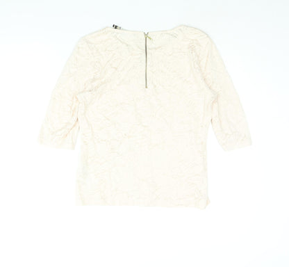 Back view of Principles women’s pink floral cotton basic blouse, size UK 12, round neck