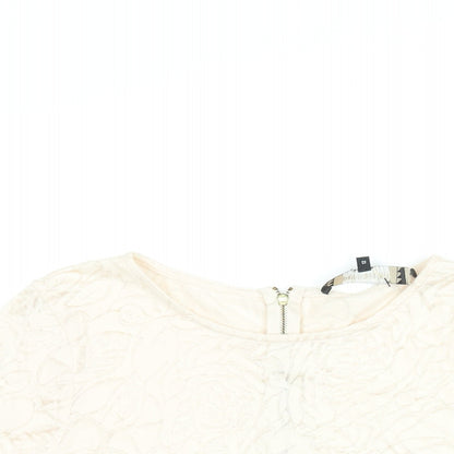 Close-up detail of Principles women’s pink floral cotton basic blouse, size UK 12, round neck