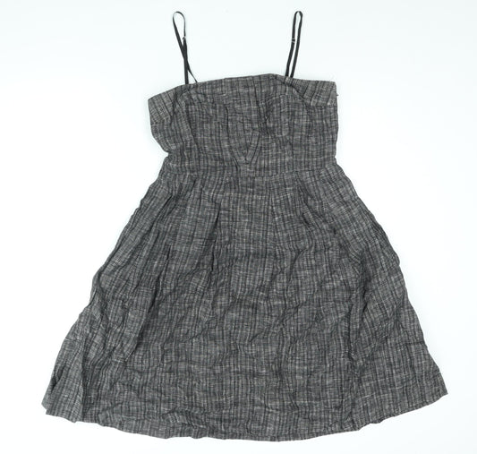 Jesire Womens Black Check Linen A-Line Size 8 Square Neck Zip