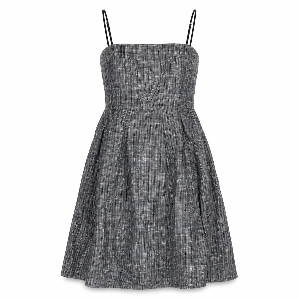 Jesire Womens Black Check Linen A-Line Size 8 Square Neck Zip