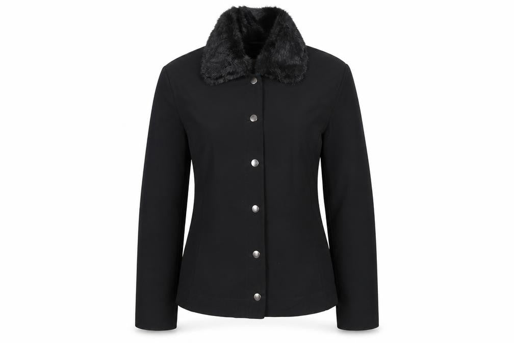 Per Una Womens Black Jacket Size 16 Snap - Faux Fur Collar