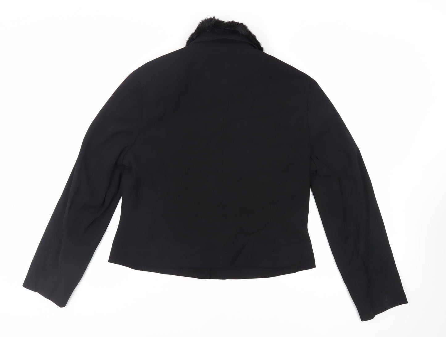 Per Una Womens Black Jacket Size 16 Snap - Faux Fur Collar