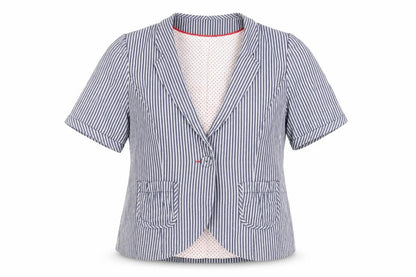 Front view of Red Herring women’s blue striped jacket blazer, size UK 14, button