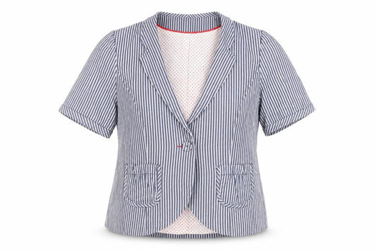 Front view of Red Herring women’s blue striped jacket blazer, size UK 14, button