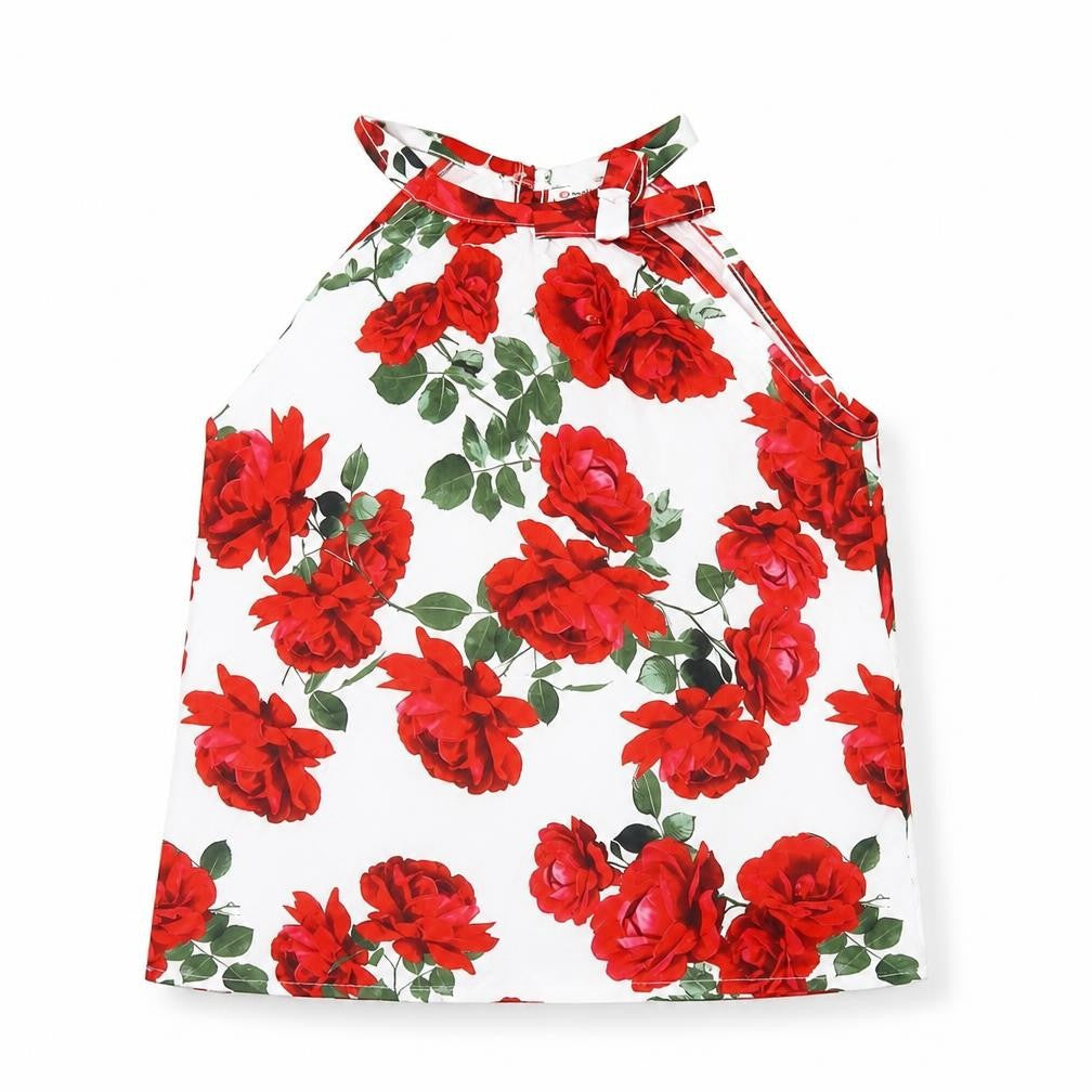 PatPat Girls White Floral Polyester Basic Blouse Size 9-10 Years Halter Button