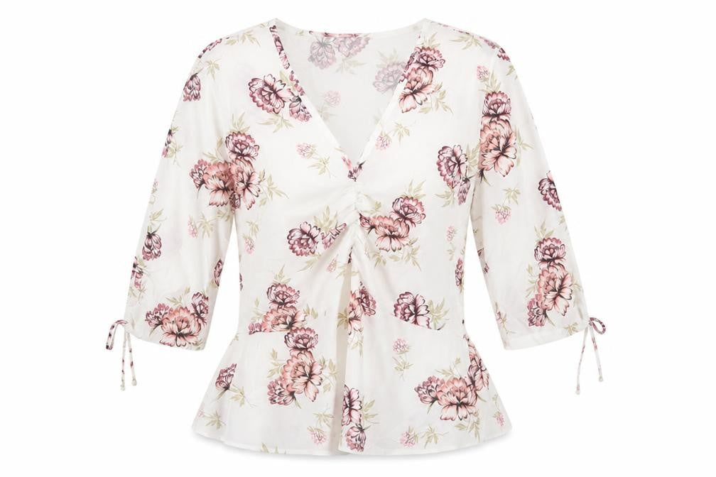 Select Womens White Floral Polyester Basic Blouse Size 14 V-Neck