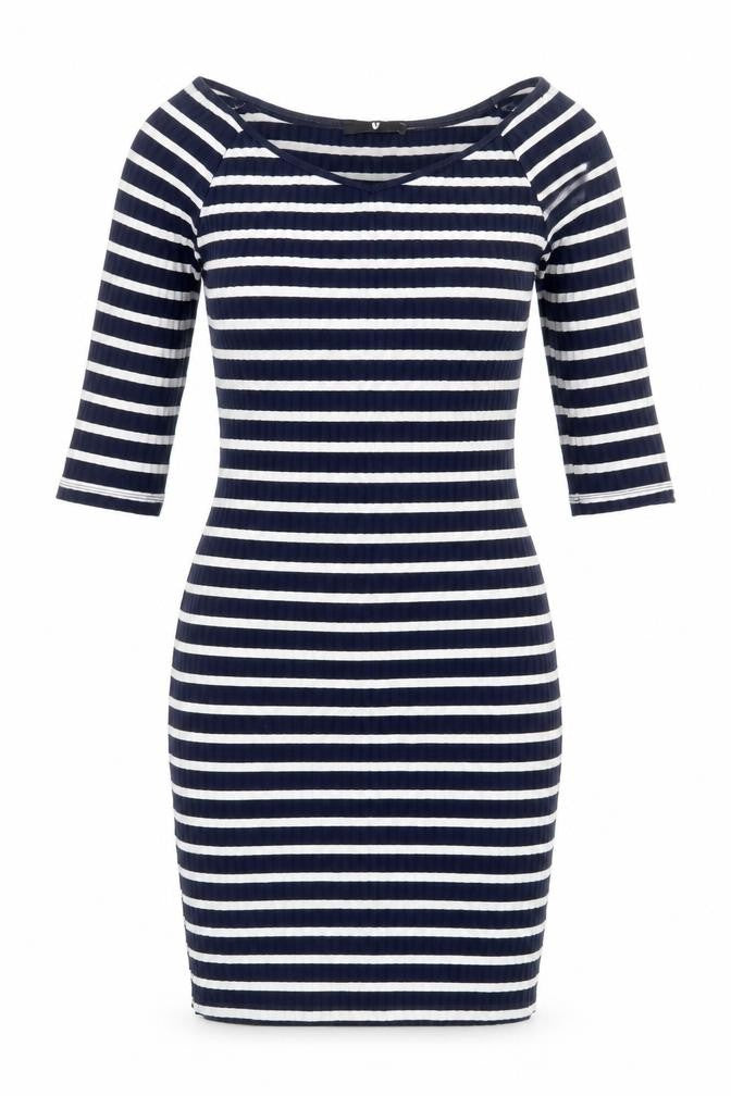 Very Womens Blue Striped Polyester Bodycon Size 14 Boat Neck Pullover - Ribbed