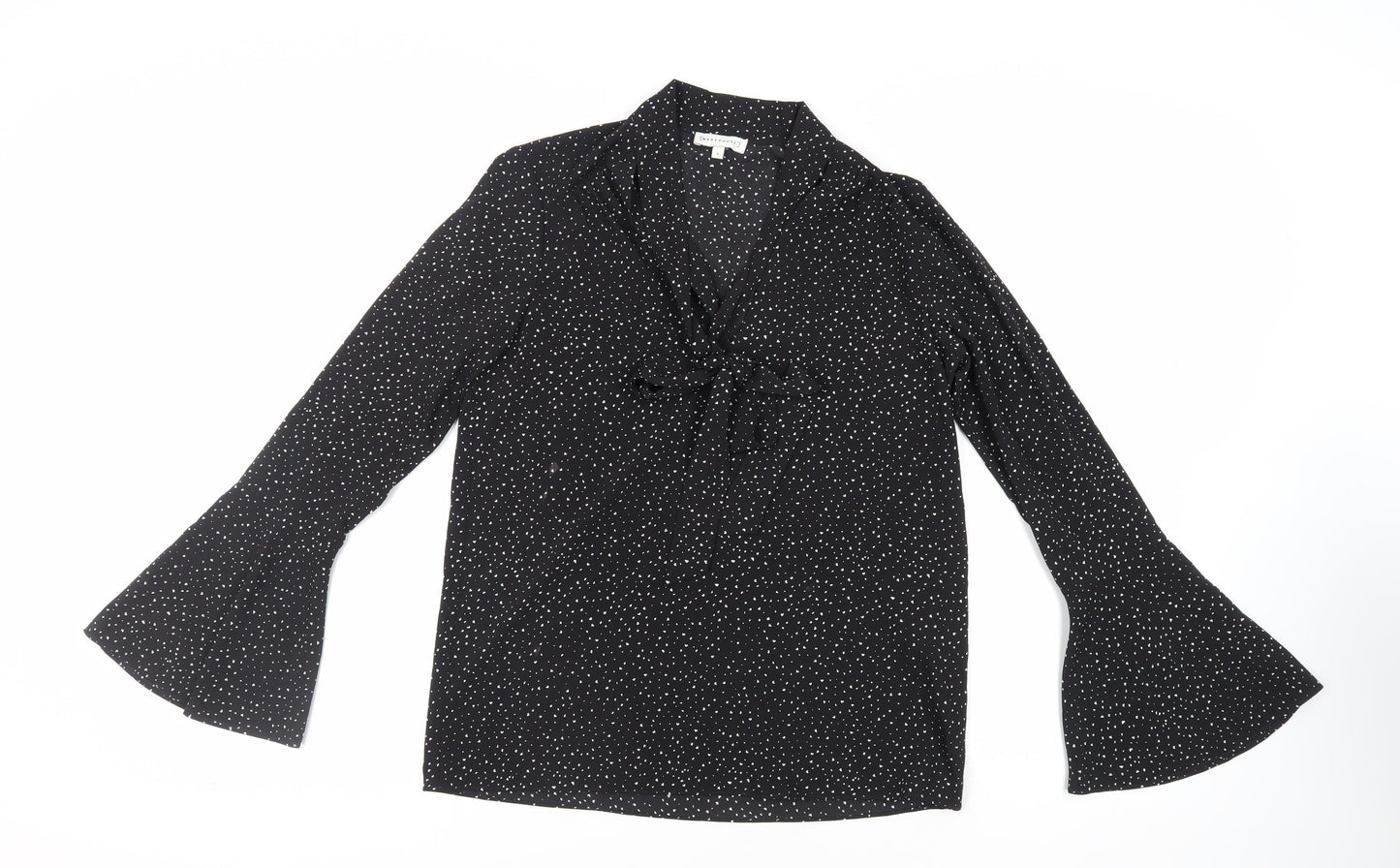 Warehouse Womens Black Geometric Polyester Basic Blouse Size 8 V-Neck - Tie Neck