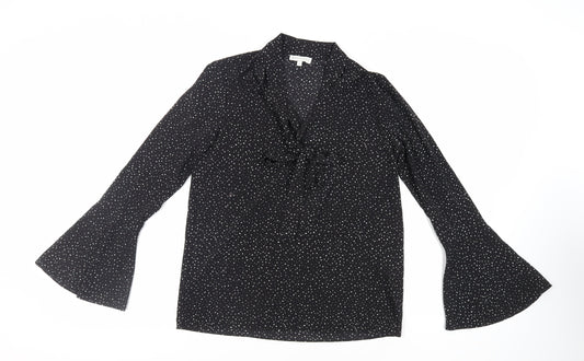 Warehouse Womens Black Geometric Polyester Basic Blouse Size 8 V-Neck - Tie Neck
