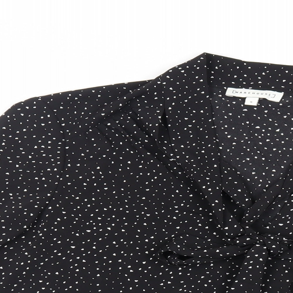Warehouse Womens Black Geometric Polyester Basic Blouse Size 8 V-Neck - Tie Neck