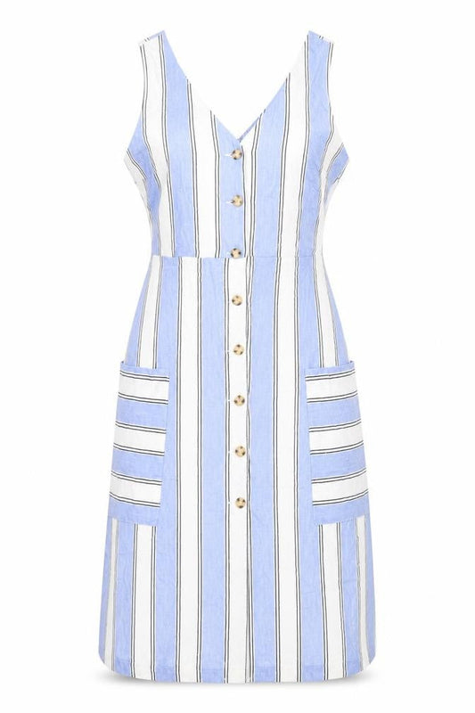 Warehouse Womens Blue Striped Viscose Tank Dress Size 12 V-Neck Button - Pockets