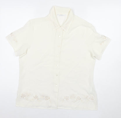 St Michael Womens White Polyester Basic Button-Up Size 14 Collared - Embraided Flowers