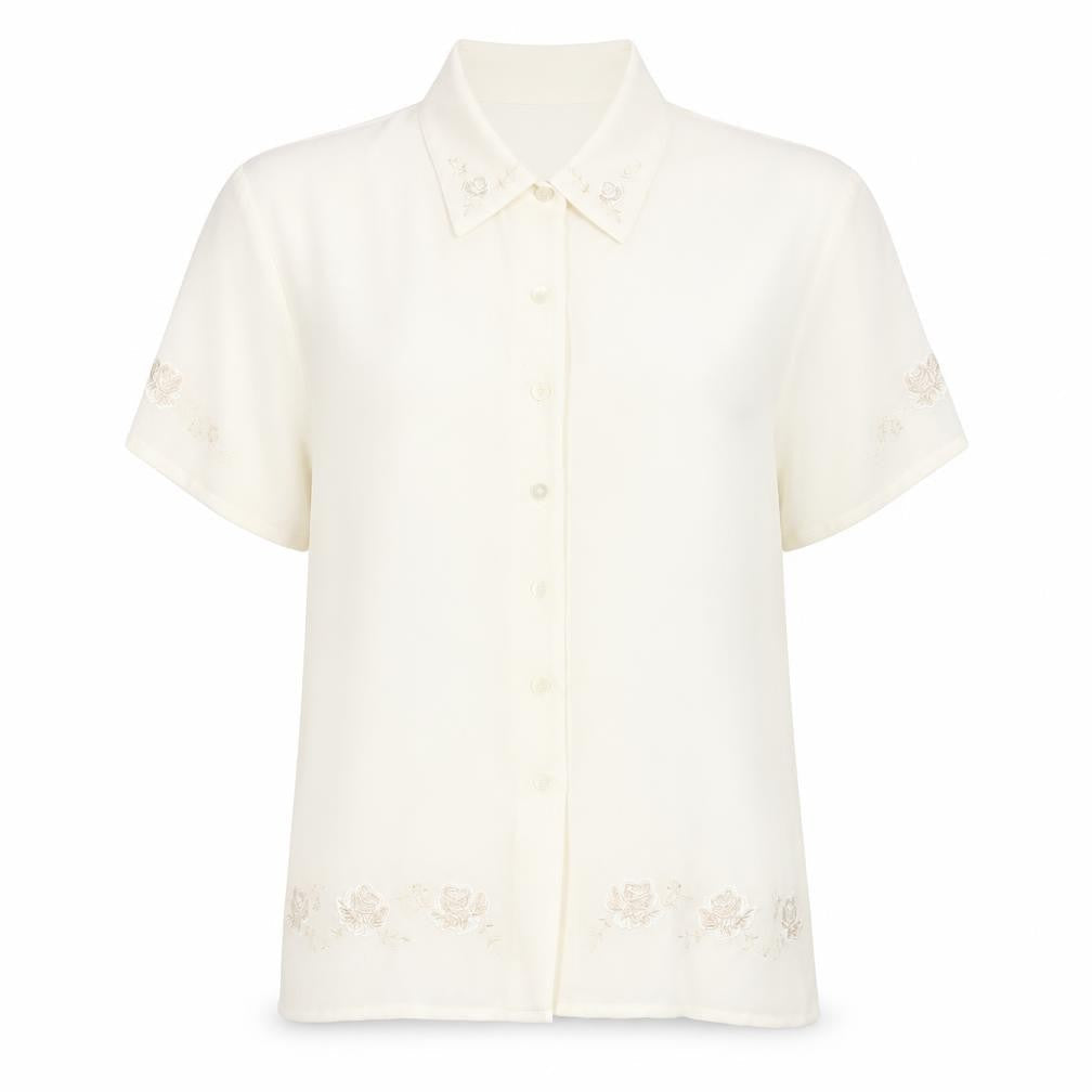 St Michael Womens White Polyester Basic Button-Up Size 14 Collared - Embraided Flowers