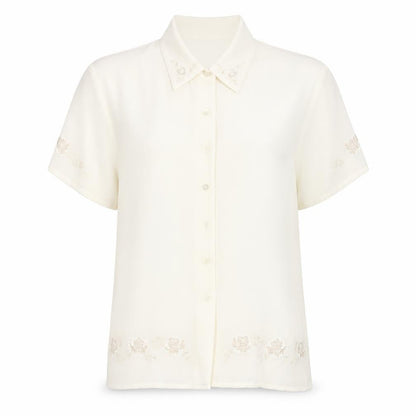St Michael Womens White Polyester Basic Button-Up Size 14 Collared - Embraided Flowers