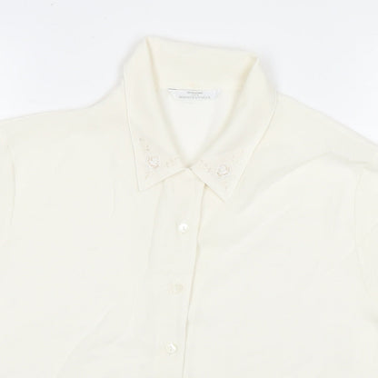 St Michael Womens White Polyester Basic Button-Up Size 14 Collared - Embraided Flowers