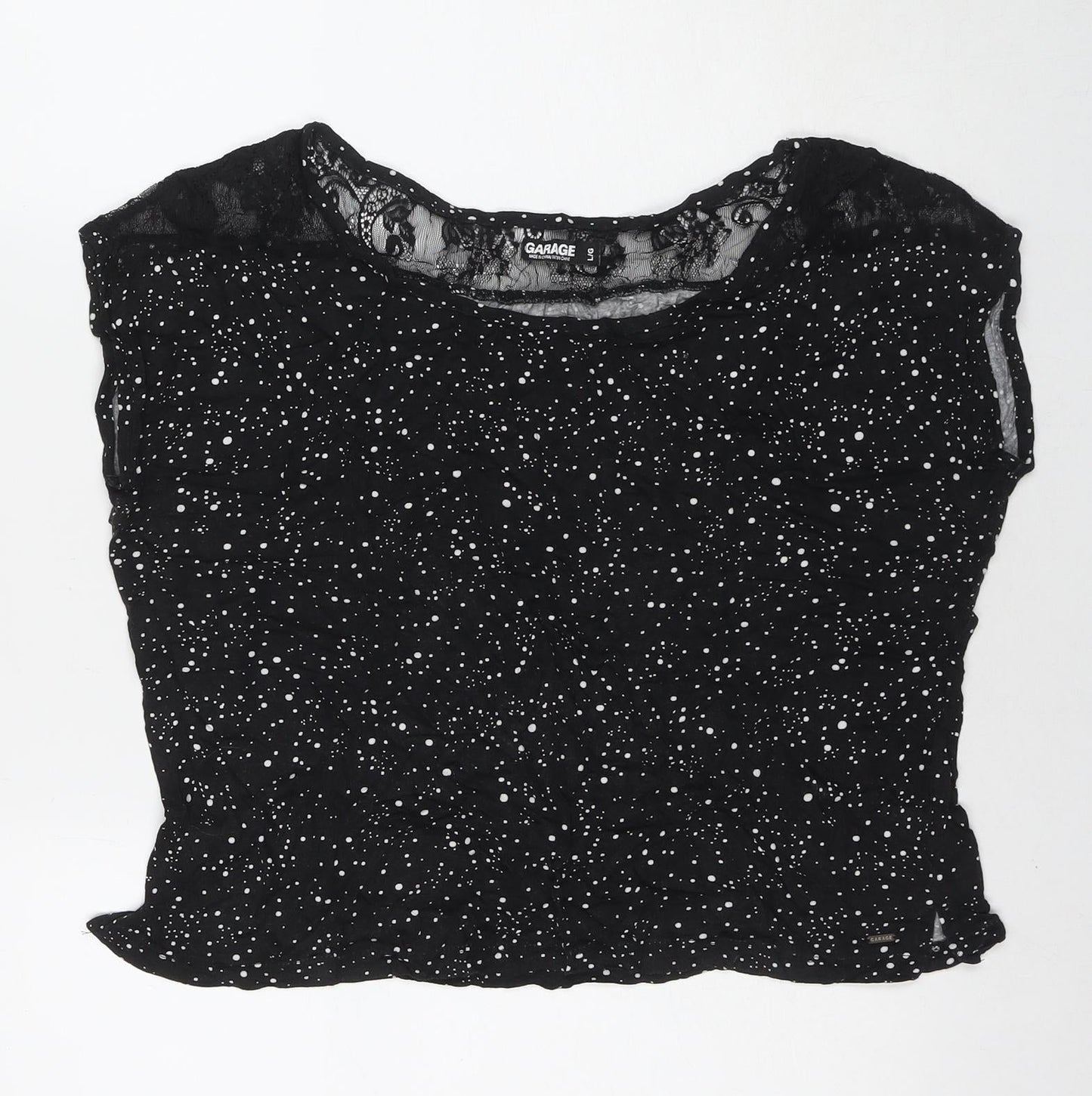 Garage Womens Black Polka Dot Viscose Basic T-Shirt Size L Round Neck