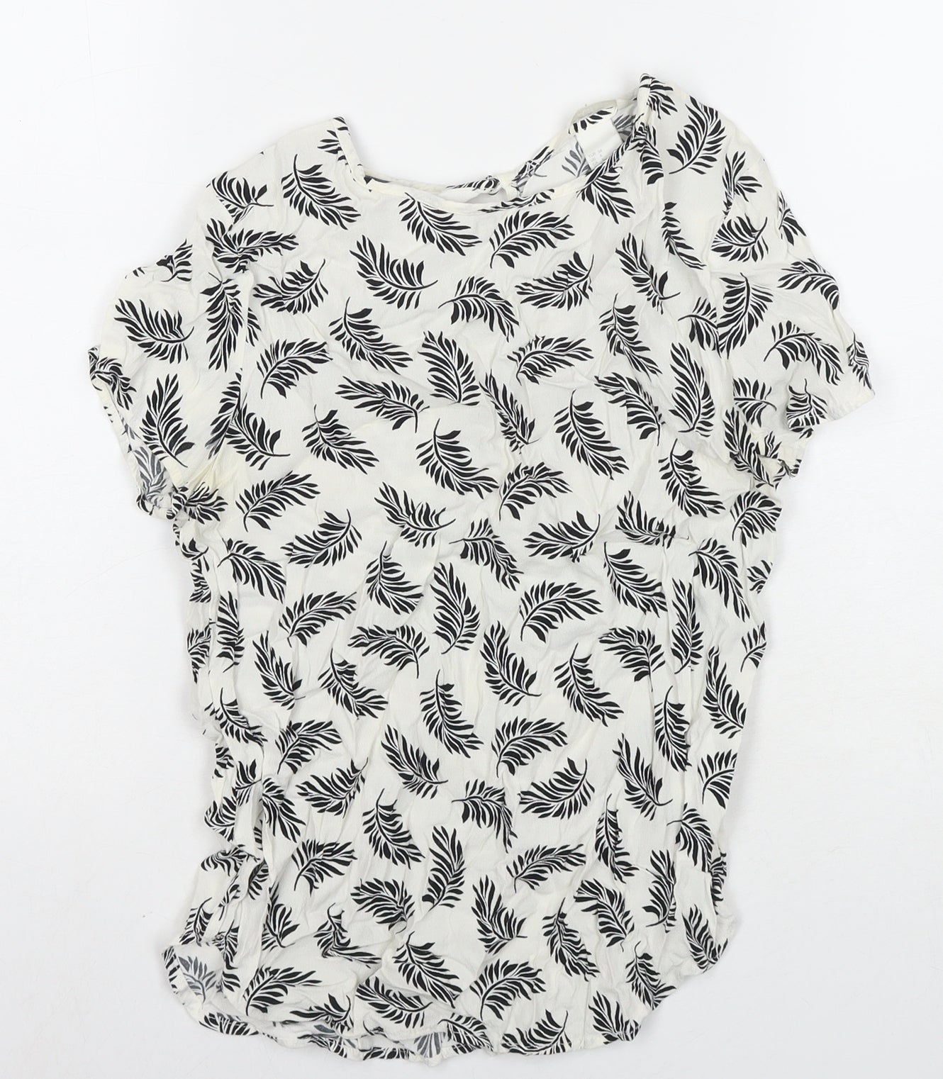 H&M Womens White Floral Viscose Basic Blouse Size 6 Round Neck