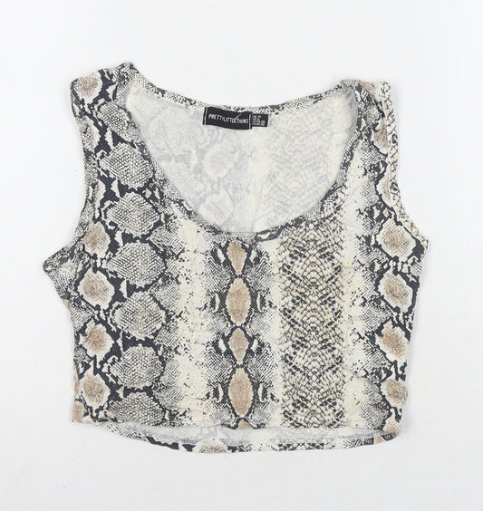 PRETTYLITTLETHING Womens Brown Animal Print Viscose Cropped Tank Size 10 Round Neck - Snake Pattern