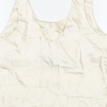 Brand and care label for ASOS women’s ivory polyester basic tank, size UK 12, round neck