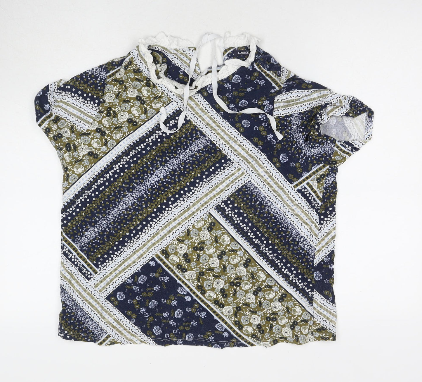 Marks and Spencer Womens Blue Geometric Cotton Basic T-Shirt Size 18 Round Neck