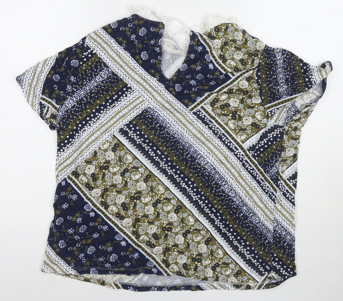 Marks and Spencer Womens Blue Geometric Cotton Basic T-Shirt Size 18 Round Neck