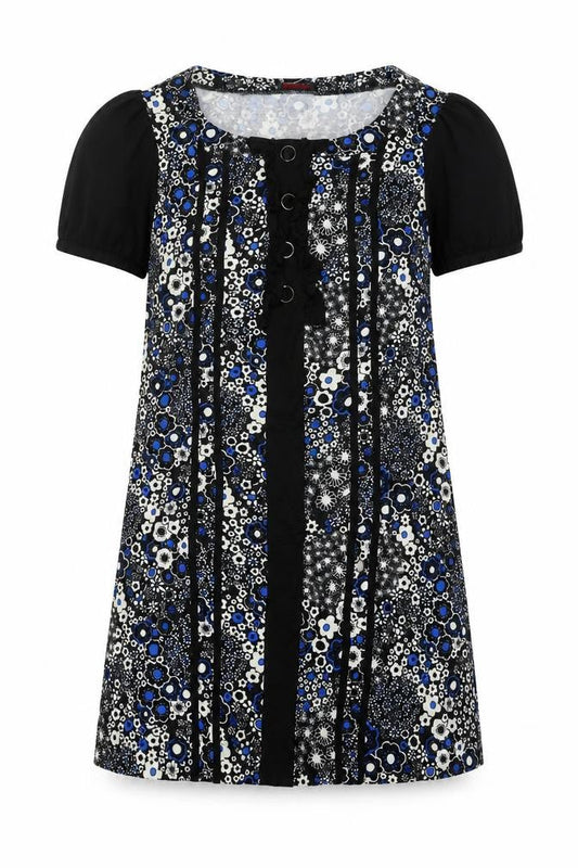 Front view of Miss Selfridge women’s black floral viscose a-line, size UK 12, round neck pullover