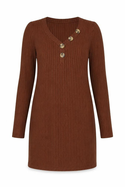 Front view of Miss Selfridge women’s brown polyester shift, size UK 14, v-neck pullover