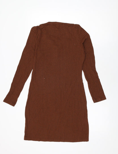 Back view of Miss Selfridge women’s brown polyester shift, size UK 14, v-neck pullover