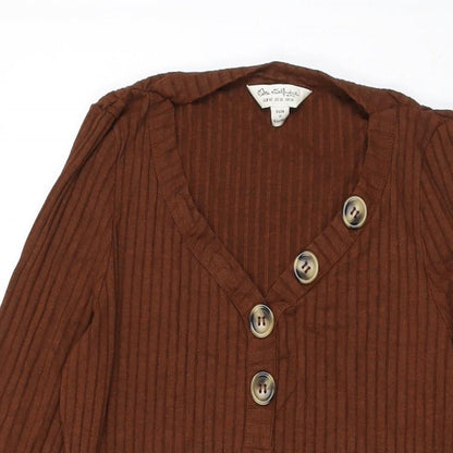 Close-up detail of Miss Selfridge women’s brown polyester shift, size UK 14, v-neck pullover