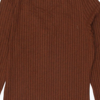 Brand and care label for Miss Selfridge women’s brown polyester shift, size UK 14, v-neck pullover
