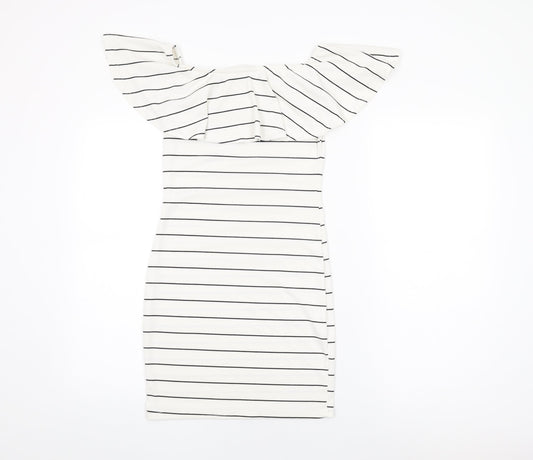 Missguided Womens White Striped Polyester Bodycon Size 8 Off the Shoulder Pullover
