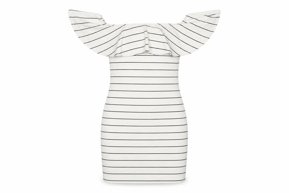 Missguided Womens White Striped Polyester Bodycon Size 8 Off the Shoulder Pullover