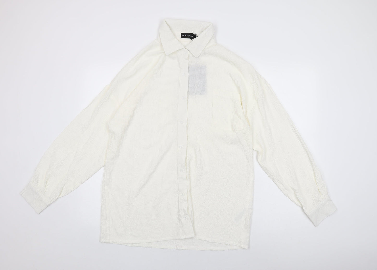 PRETTYLITTLETHING Womens White Polyester Basic Button-Up Size 12 Collared