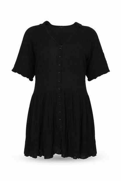 Front view of ASOS women’s black viscose shift, size UK 10, v-neck button