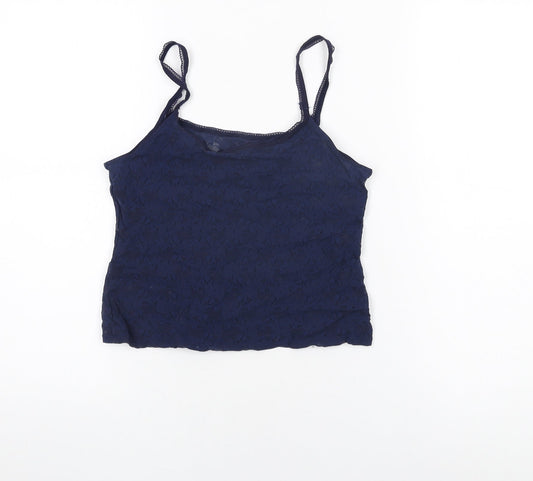 Marks and Spencer Womens Blue Floral Polyamide Cropped T-Shirt Size 12 Round Neck