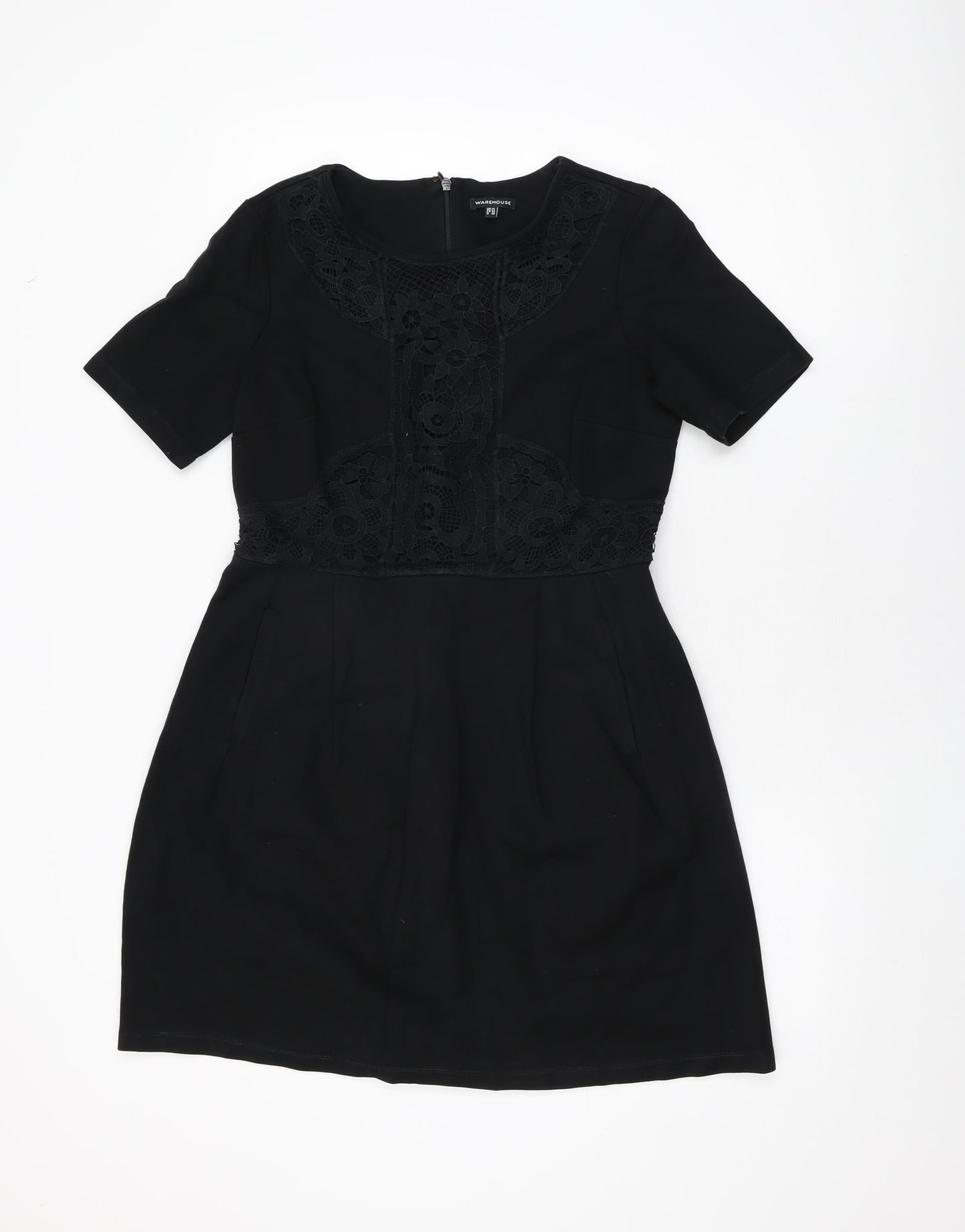 Warehouse Womens Black Floral Cotton A-Line Size 14 Round Neck Zip