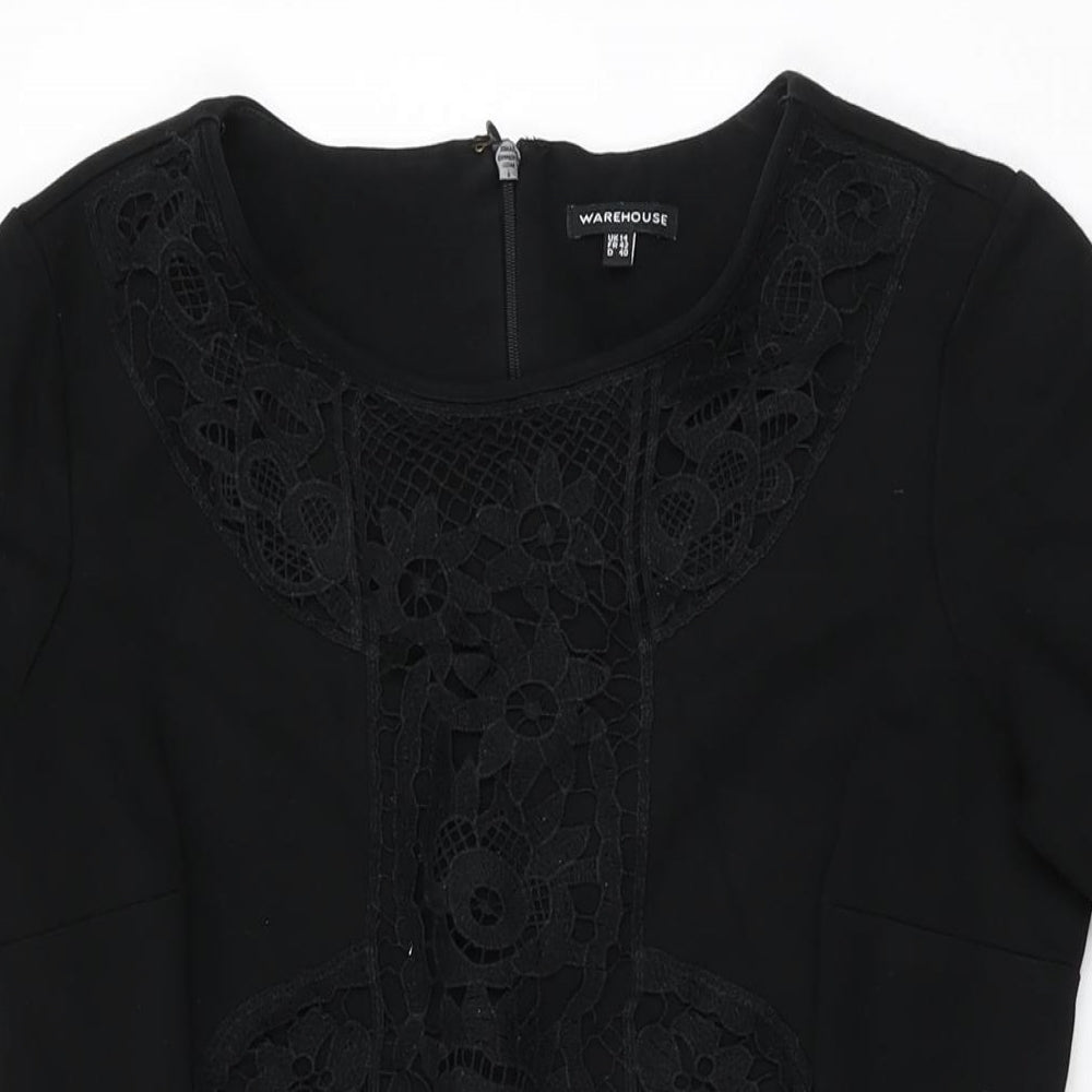 Warehouse Womens Black Floral Cotton A-Line Size 14 Round Neck Zip