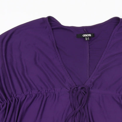 Close-up detail of ASOS women’s purple polyester basic blouse, size UK 8, v-neck