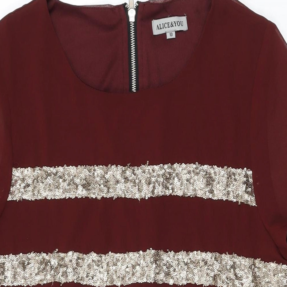 Alice & You Womens Red Striped Polyester Shift Size 10 Round Neck Zip